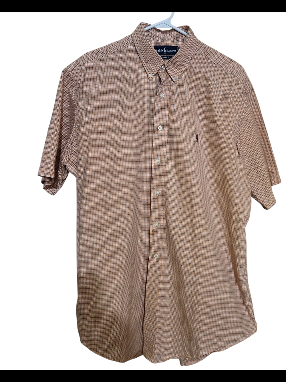 RALPH LAUREN MEN'S ORANGE-BLUE STRIPED PLAID SHORT SLEEVE DRESS SHIRT SIZE XL